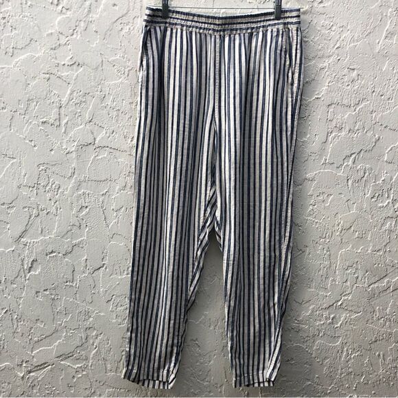 TAHARI 100% Linen Stripe Pullon Pants Size Large Lagenlook Pockets Minimalist - Picture 3 of 12